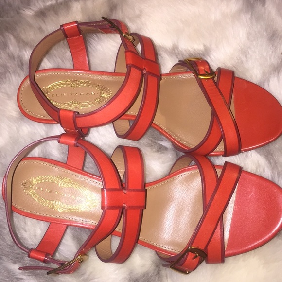 ELIE TAHARI Red Leather Georgia Strappy Heeled Sandals Sz 8.5 - Picture 8 of 8